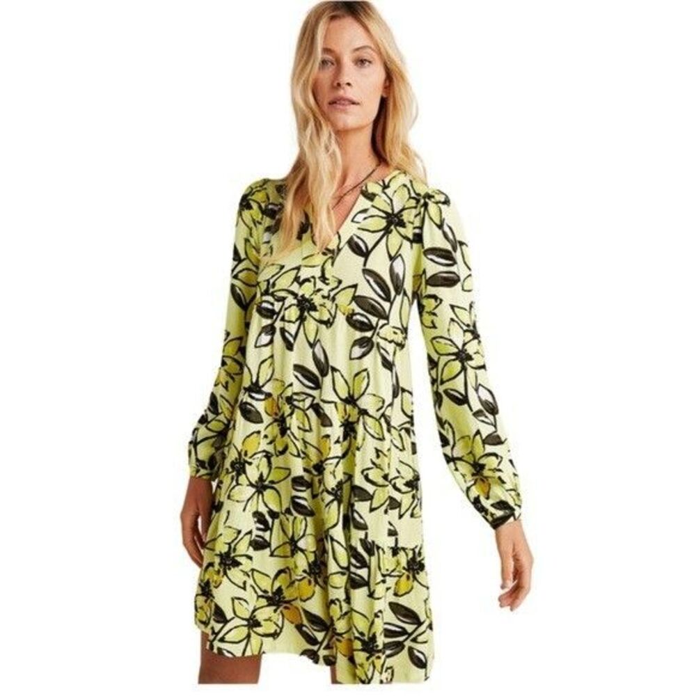 Anthropologie Maeve Amber Tiered Tunic Dress S Yellow Floral Puff Sleeve BOHO